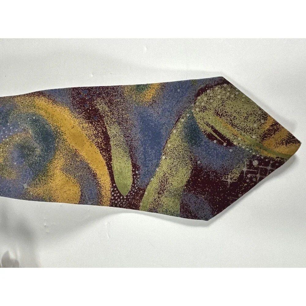 Krizia Uomo Italy Silk Tie Abstract Celestial Galaxy Print Purple Gold Blue MCM